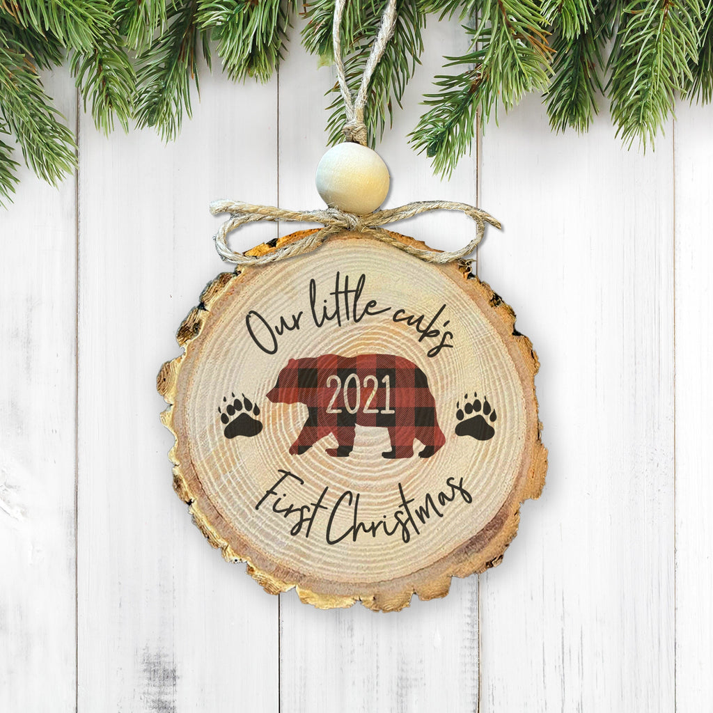 Bear Cub Baby's First Christmas Rustic Wood Slice Ornament