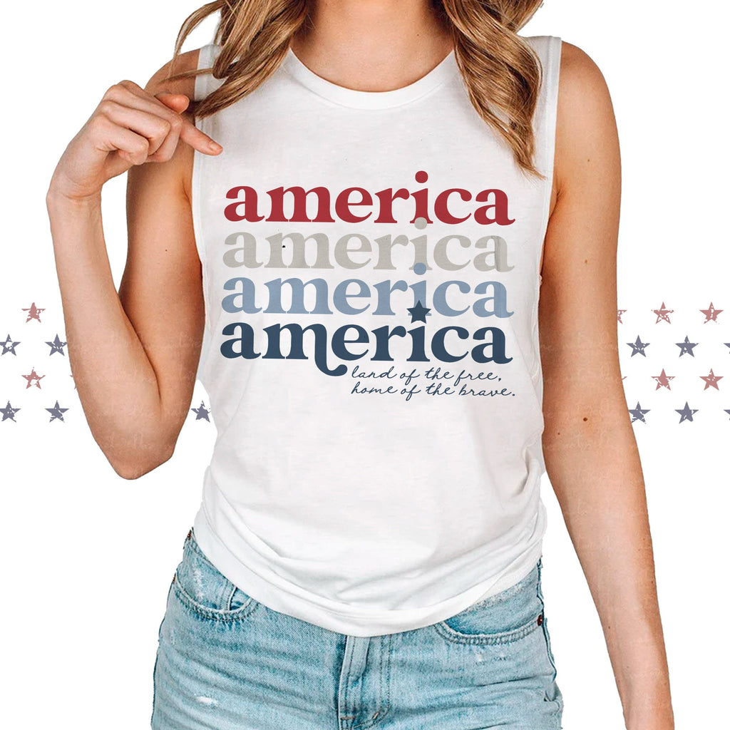 america retro font tank home of the brace land of the free patriotic cute summer tank top fourth of july tank top red white and blue america