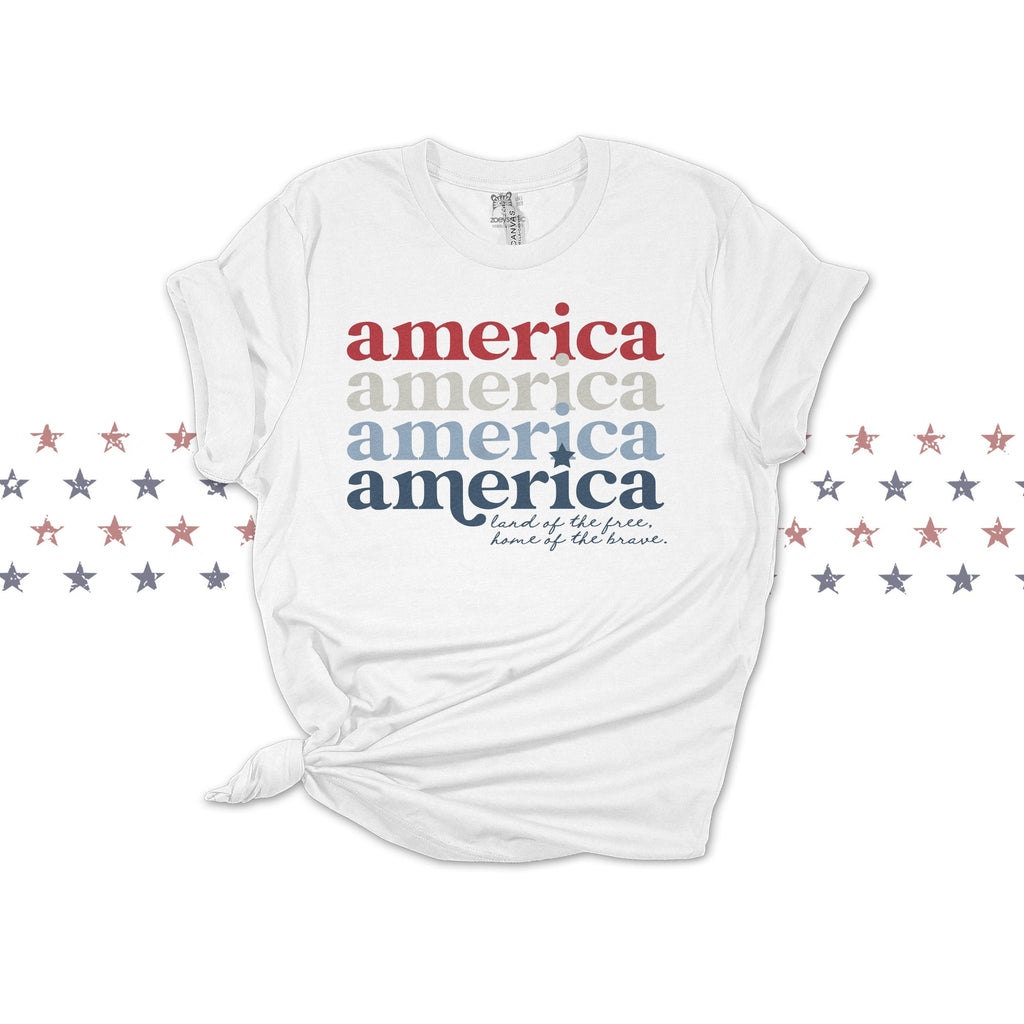 america retro font t-shirt home of the brace land of the free patriotic cute summer tee fourth of july tshirt top red white and blue america