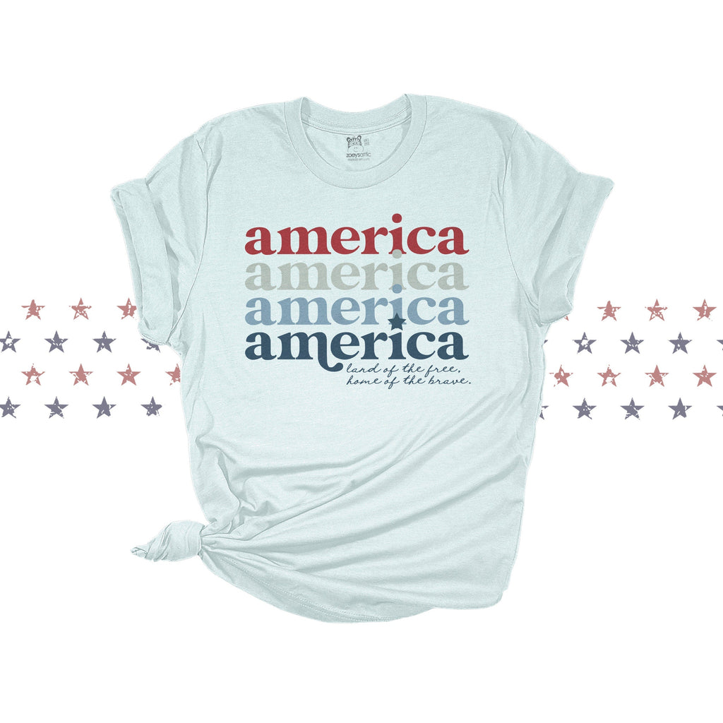 america retro font t-shirt home of the brace land of the free patriotic cute summer tee fourth of july tshirt top red white and blue america