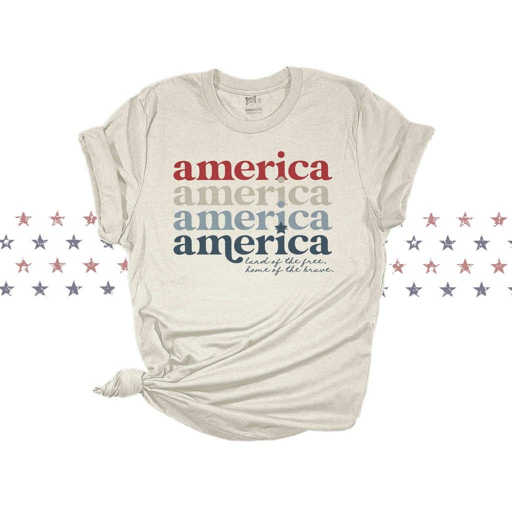 america retro font t-shirt home of the brace land of the free patriotic cute summer tee fourth of july tshirt top red white and blue america