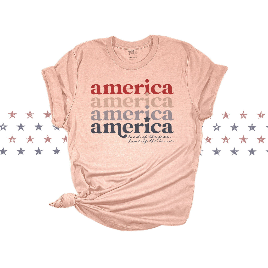 america retro font t-shirt home of the brace land of the free patriotic cute summer tee fourth of july tshirt top red white and blue america