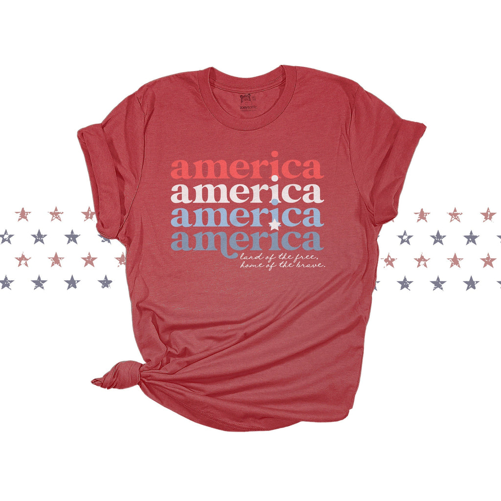 america retro font t-shirt home of the brace land of the free patriotic cute summer tee fourth of july tshirt top red white and blue america