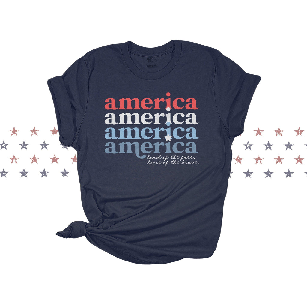 america retro font t-shirt home of the brace land of the free patriotic cute summer tee fourth of july tshirt top red white and blue america