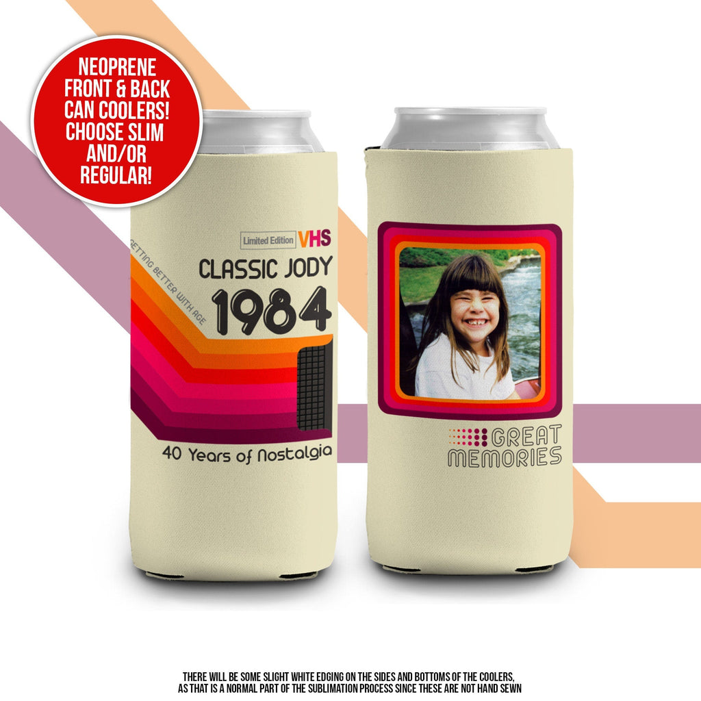 40th birthday photo slim or regular can coolie | personalized classic nostalgia can cooler | any age birthday party favor can cooler MCC-172