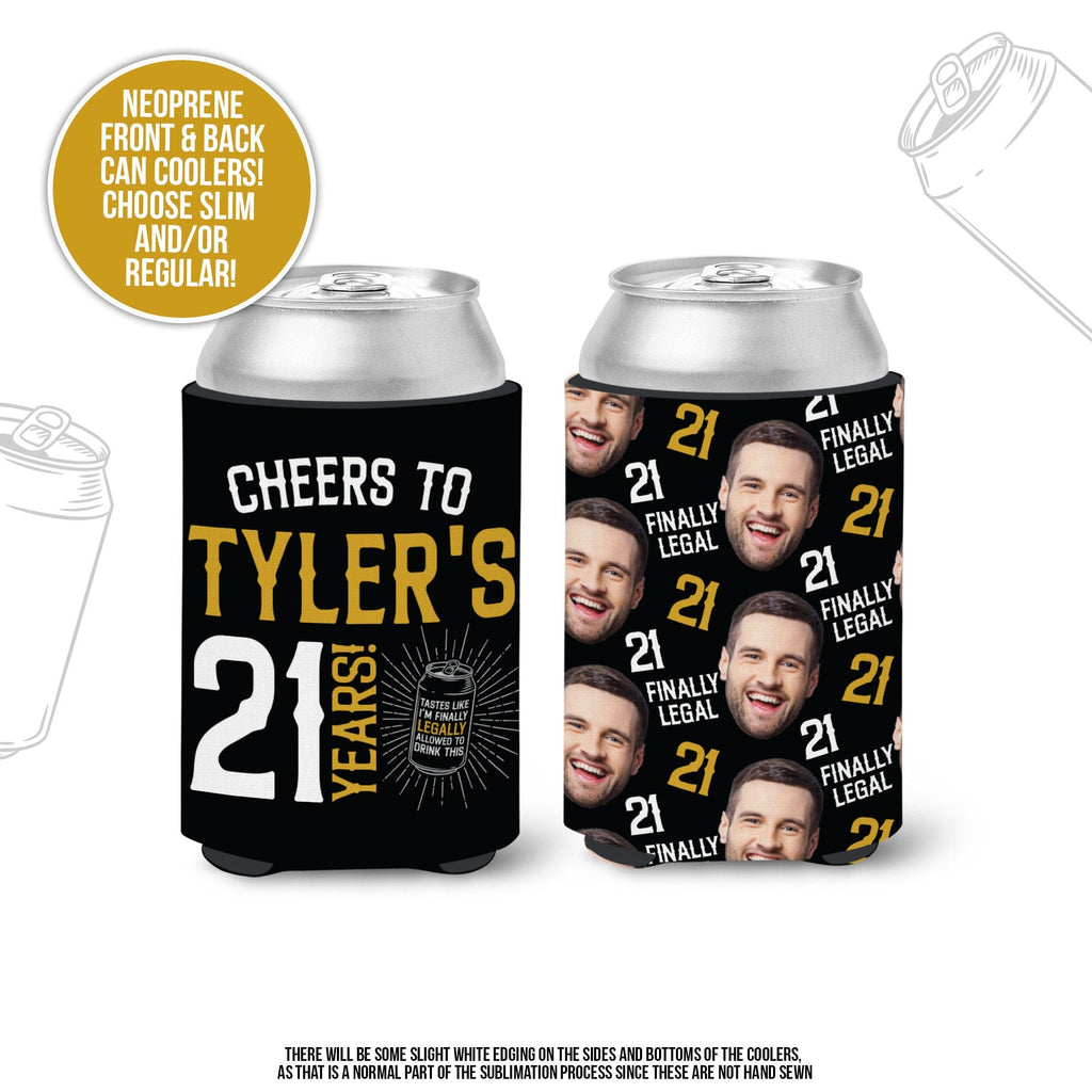 21st birthday slim or regular can coolies | finally legal personalized photo can coolers | cheers to 21 years birthday party favor | MCC-301