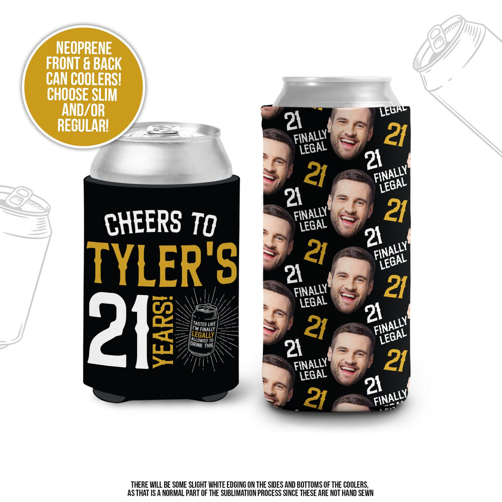 21st birthday slim or regular can coolies | finally legal personalized photo can coolers | cheers to 21 years birthday party favor | MCC-301