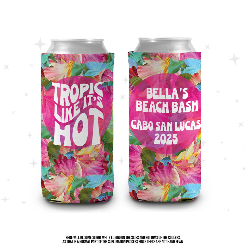 tropic like it's hot tropical vacation birthday bachelorette can coolies party favors travel can coolers vacation tropical fun bright coolie