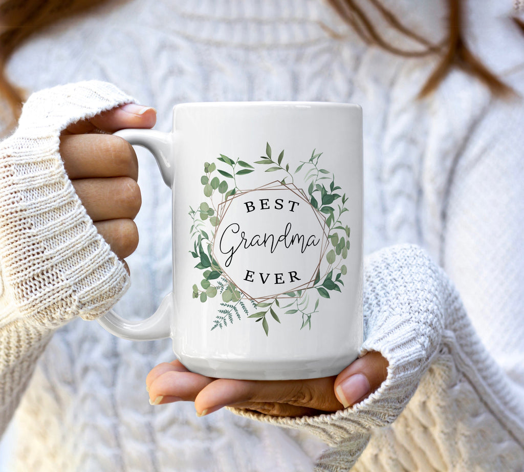 Best grandma ever coffee tea mug | green leafy wreath coffee mug | birthday or mother's day tea coffee mug drinkware gift for grandma